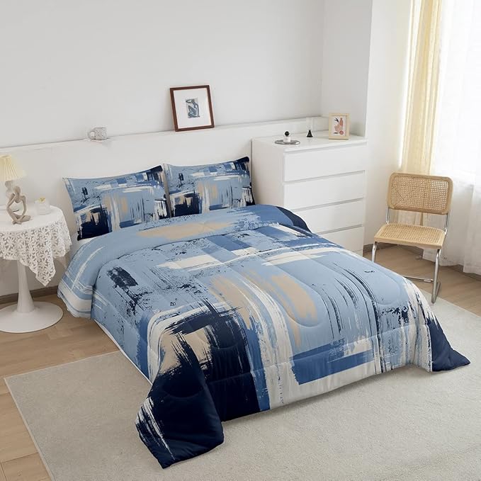 Feelyou Abstract Bedding Set Kids Modern Abstract Art Comforter Set Light Blue Black Comforter for Boys Room Decor Lightweight Duvet Set Toddler Size with 1 Pillow Case