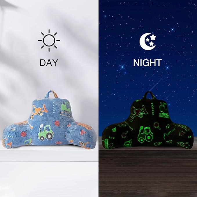 Aimuan Construction Truck Vehicles Reading Pillow Glow in The Dark Bed Rest Wedge Kids Glow Backrest Pillow Car Print with Arms Back Support for Sitting Up in Bed Cushion, Light Blue