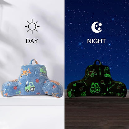 Aimuan Construction Truck Vehicles Reading Pillow Glow in The Dark Bed Rest Wedge Kids Glow Backrest Pillow Car Print with Arms Back Support for Sitting Up in Bed Cushion, Light Blue