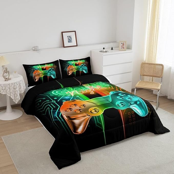 Feelyou Gamer Comforter Kids Gaming Video Game Comforter Set for Boys Teens Noverlty Modern Gamepad Bedding Set Breathable Gamer Console Bedding Duvet Set Bright Orange Green Room Decor Toddler Size