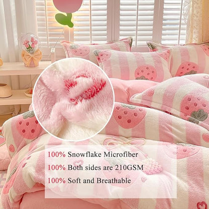 Pink Strawberry Kids Duvet Cover Set Queen Cute Kawaii Bedding Set Snowflake Fluffy Comforter Cover Blanket Soft Reversible Duvet Cover Room Decor (Strawberry,Queen)