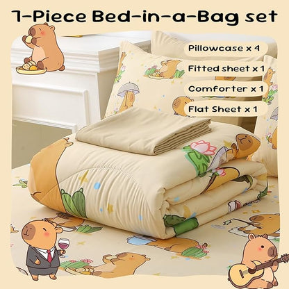 7 Piece Capybara Comforter Set Queen Size Cute Cartoon Capybara Bedding Set Super Soft All Season Bedroom Decor for Kids Girls Boys Teens Birthday Choice