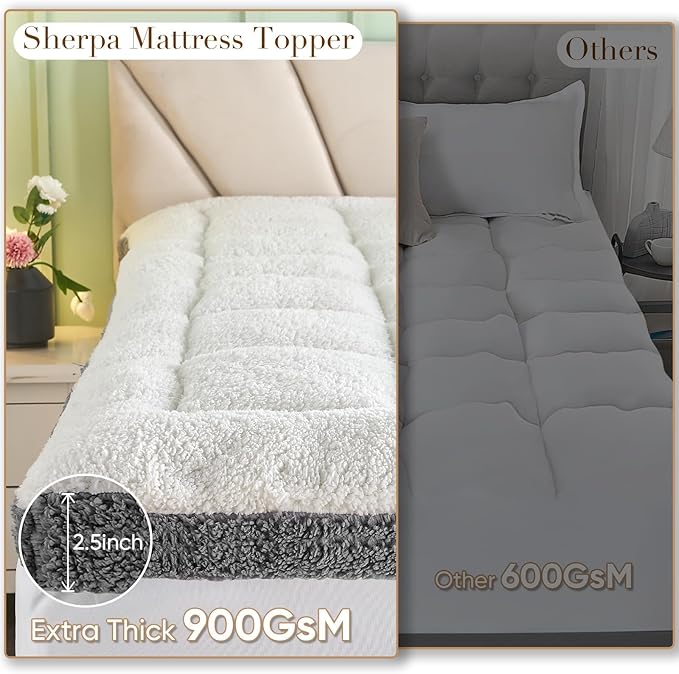 Cymula California King Mattress Topper, Sherpa Mattress Pad for Back Pain with 900GSM Down Extra Thick Cal King Mattress Cover Pillow Top with 8-21" Pockets, White