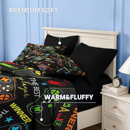 Nesker 7 Pcs Comforter Set Full Size, Colorful Bedding for Kids Teen, Game Gamepad Gaming with Fitted Sheet 2 Pillowcases & 2 Shams for Bedroom Bed Decor