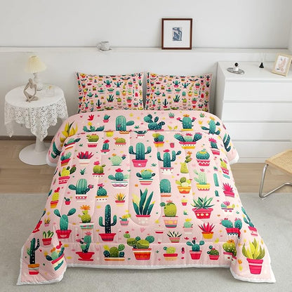 Cute Cactus Bedding Set Toddler Size Cartoon Style Botanical Comforter for Child Teens Bohemia Western Exotic Down Comforter Desert Plant Duvet Insert with 1 Pillowcase