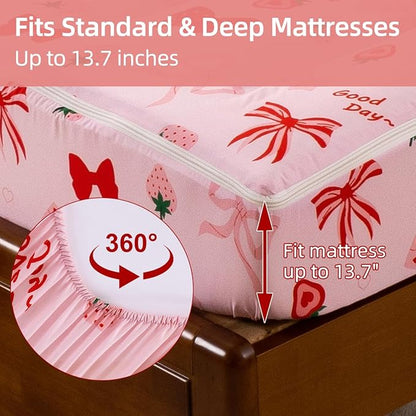 Holawakaka Kids Zipper Bedding Bow Comforter Set, Girls Women Twin Size Strawberry Bowknot Print Zippered Bed Sets, Child Cartoon Dorm Zip Bedding