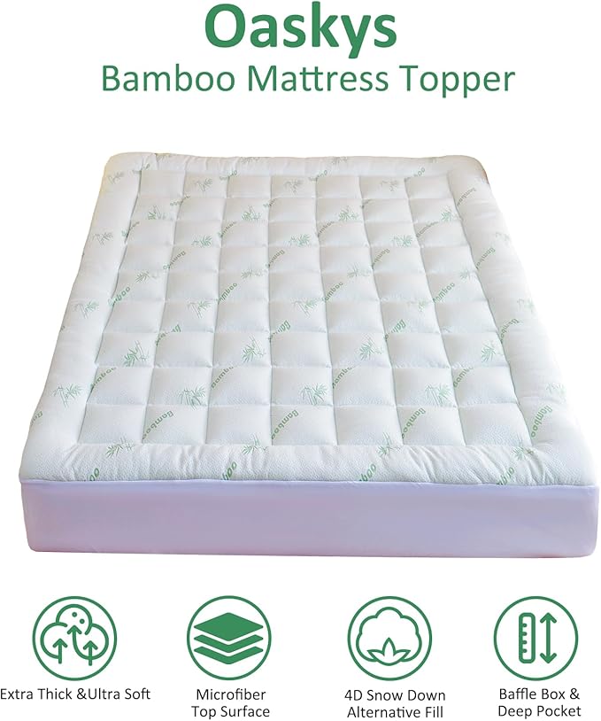 oaskys Mattress Topper Full Size - Cooling Extra Thick Breathable Viscose Made from Bamboo Mattress pad - Soft Quilted Fitted Mattress Cover with Down Alternative Fill (8-21”Deep Pocket)