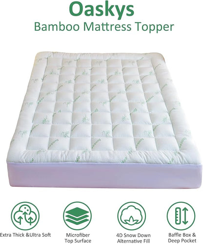 oaskys Mattress Topper Full Size - Cooling Extra Thick Breathable Viscose Made from Bamboo Mattress pad - Soft Quilted Fitted Mattress Cover with Down Alternative Fill (8-21”Deep Pocket)