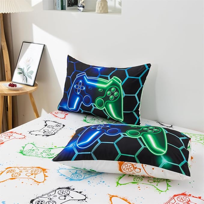 NTBED Game Console Comforter Set for Boys Girls Kids 3D Gaming Geometric Lightweight Microfiber Gamer Bedding Sets (Blue Green, Twin 5Pcs)