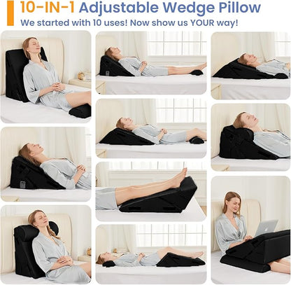 Sasttie Wedge Pillow Set for After Surgery, 3PCS Adjustable Bed Wedge Pillow Headboard with Memory Foam Neck Cushion – for Acid Reflux, Sleeping, Neck & Back Support, Black