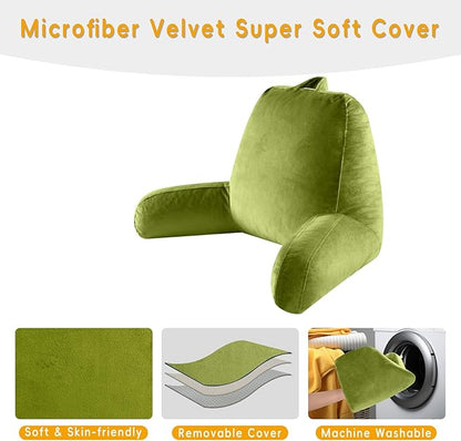 Reading Pillow for Sitting in Bed Adult, X-Large Reading Pillow with Shredded Memory Foam, Back Pillow for Sitting Up with Extend Arms, Pockets, Bed Pillow with Washable Cover, FluorescentGreen