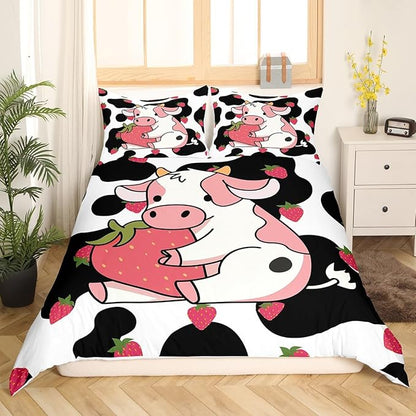 Milkshakes Cow Comforter Cover Full Size, Pink Cute Cattle and Strawberry Fruit Print Duvet Cover Set with 2 Pillowcases, Milk Cow Skin Fur Pattern Kawaii Girly Style Bedding Set for Boys Teens