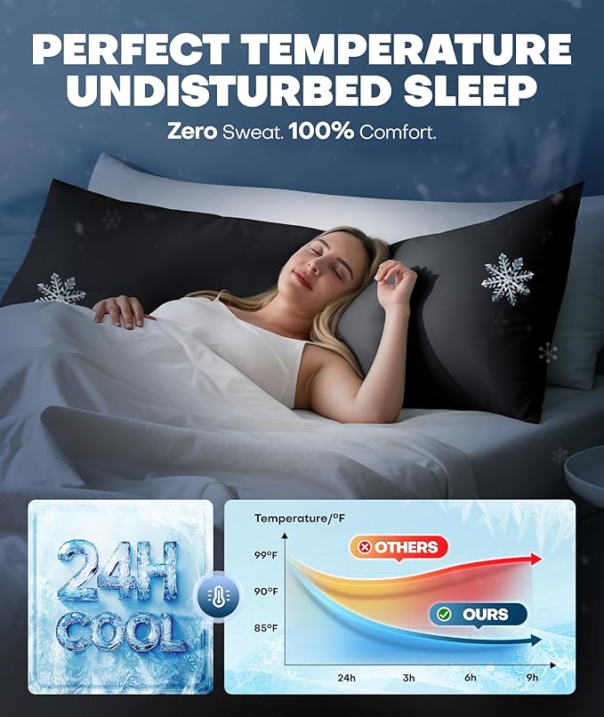 Ice Cooling Body Pillowcase for Hot Sleepers – Stays Cool All Night, Silky Touch Long Body Pillow Cases with Invisible Zipper, Soft & Breathable Body Pillow Cover, Gift for Men Women - 20"x54", Black