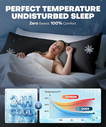 Ice Cooling Body Pillowcase for Hot Sleepers – Stays Cool All Night, Silky Touch Long Body Pillow Cases with Invisible Zipper, Soft & Breathable Body Pillow Cover, Gift for Men Women - 20"x54", Black