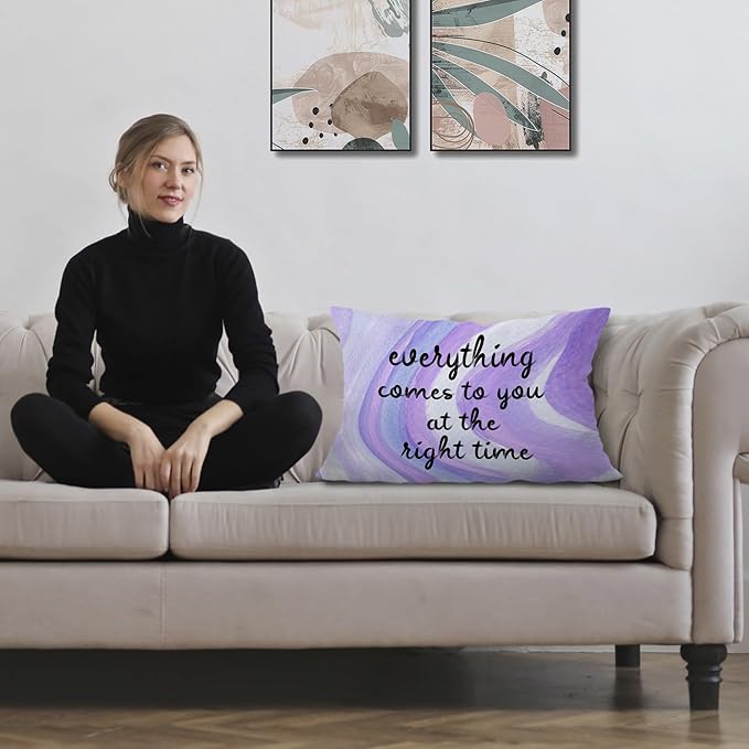 Abstract Purple Inspirational Pillow Covers 12x20, Mindfulness Gifts, Self Motivation Everything Comes to You at The Right Time Decorative Lumbar Pillow Covers for Bedroom Living Room Home