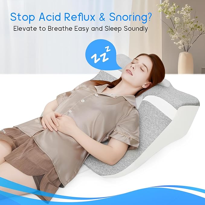 Bed Wedge Pillow for Sleep Apnea, Acid Reflux& Snoring Relief, Post-Surgery Recovery Pillow with Ergonomic 3-in-1 Certified Memory Foam for Back, Neck& Head Support (Gray & White)