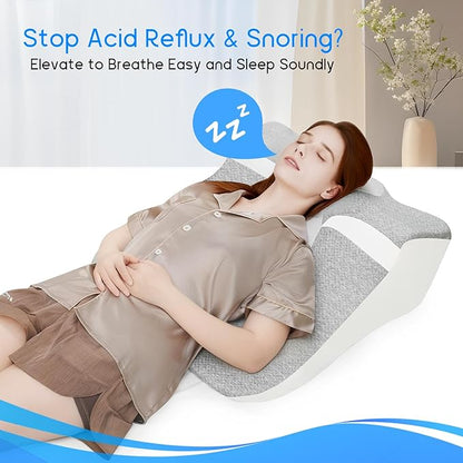 Bed Wedge Pillow for Sleep Apnea, Acid Reflux& Snoring Relief, Post-Surgery Recovery Pillow with Ergonomic 3-in-1 Certified Memory Foam for Back, Neck& Head Support (Gray & White)