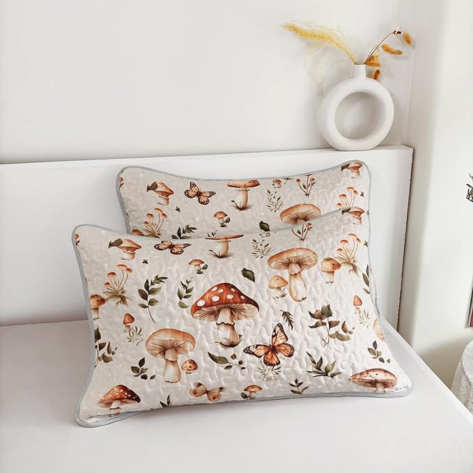 Mushroom Bedding Quilt Set for Kids Teens and Adults Room Decor,Natural Wild Fungus Plant Pattern Bedding King Size,Soft and Breathable Summer Quilts with 2 Pillowcases.