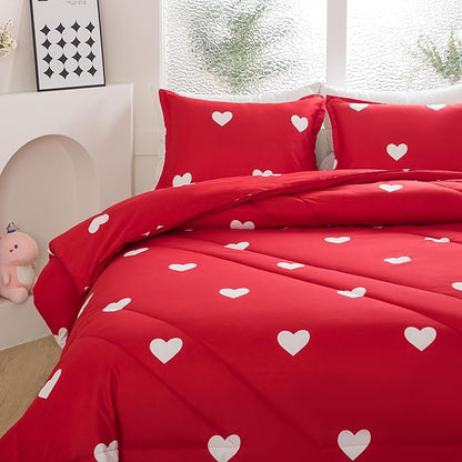 Caressma Love Comforter Set Twin Size - Cute White Heart Print Red Bedding Comforter with Matching Pillowshams