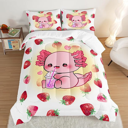 HOSIMA Pink Kawaii Axolotl Bedding Comforter Set for Kids,Cartoon Strawberry Milk Tea Print Queen Size Comforter Set Bedroom Decoration for Children Girl with 2 Pillowcases.