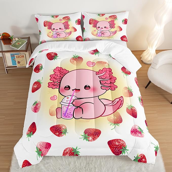 HOSIMA Pink Kawaii Axolotl Bedding Comforter Set for Kids,Cartoon Strawberry Milk Tea Print Full Size Comforter Set Bedroom Decoration for Children Girl with 2 Pillowcases.