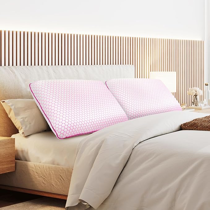 Memory Foam Pillows for Side, Back and Stomach Sleepers, Set of 2, Bed Pillow with Washable Cover and Breathable Mesh, Bed Pillow for Sleeping (Pink，Queen Size)