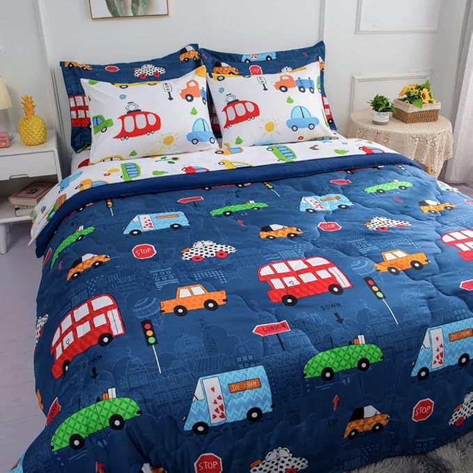 Wajade Cartoon Cars Comforter Set Bed in A Bag Full Size Colorful Cars Bus Van Traffic Lights Bedding Set for Boys Kids (1 Comforter, 1 Flat Sheet, 1 Fitted Sheet, 2 Pillowcase and 2 Pillow Sham)