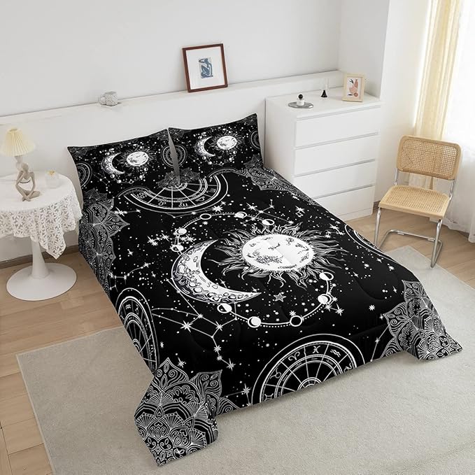 Sun and Moon Bedding Set Constellation Galaxy Comforter Set for Kids Boys Girls Teens Psychedelic Boho Mandala Comforter Breathable Celestial Duvet Set Black White Room Decor Quilt Cover Queen Size