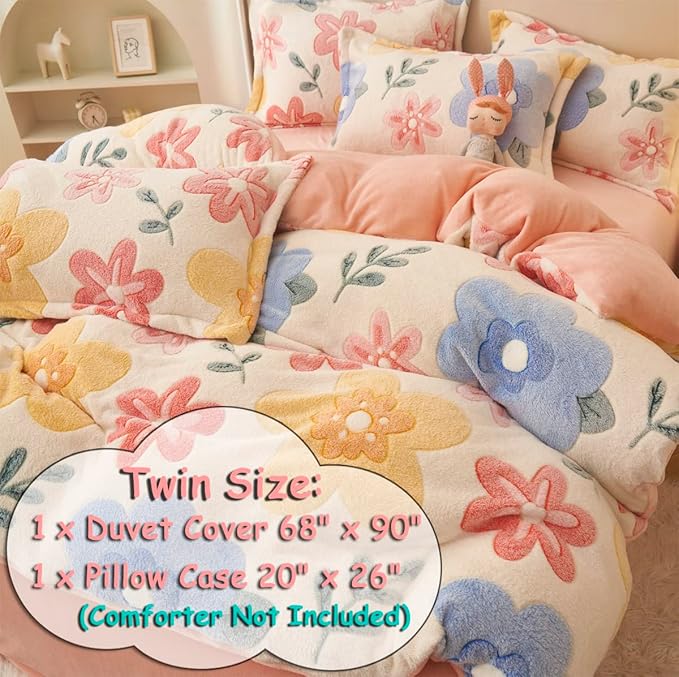 Pink Duvet Cover Twin, Fluffy Comforter Cover Set, Kawaii Bedding Sets for Girl Ultra Soft Cute Floral Bed Set for Kids (Flower, Twin)