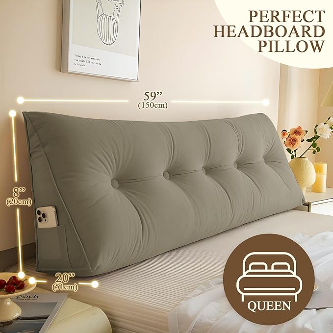 Headboard Pillow Queen, Large Triangular Wedge Headboard Pillow for Reading and Resting, Backrest Positioning Support Pillow with Removable Cover (Khaki)