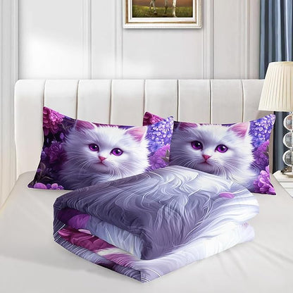 HOSIMA Cat Bedding Sets Full for Girls Room Decor,Cat Surrounded by Flowers Print Lightweight Cute Comforter,Fluffy Animal Themed Princess Bedding for Kids Teens with 2 Pillowcases.
