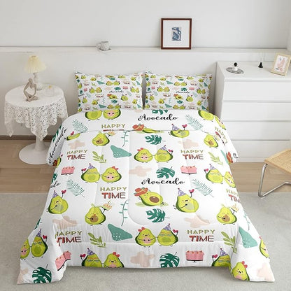 Feelyou Avocado Comforter Set for Kids Boys Girls Green Yellow Avocado Kawaii Cute Bedding Set King Size Tropical Leaves Decor Lovely Fruit Soft All Seasons Quilt 2 Pillowcases Boys