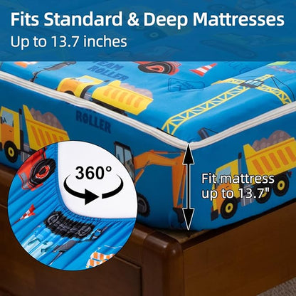 Holawakaka Kids Zipper Bedding Construction Truck Comforter Set, Boys Twin Size Excavator Tractor Digger Print Zippered Bed Sets, Child Dorm Zip Bedding