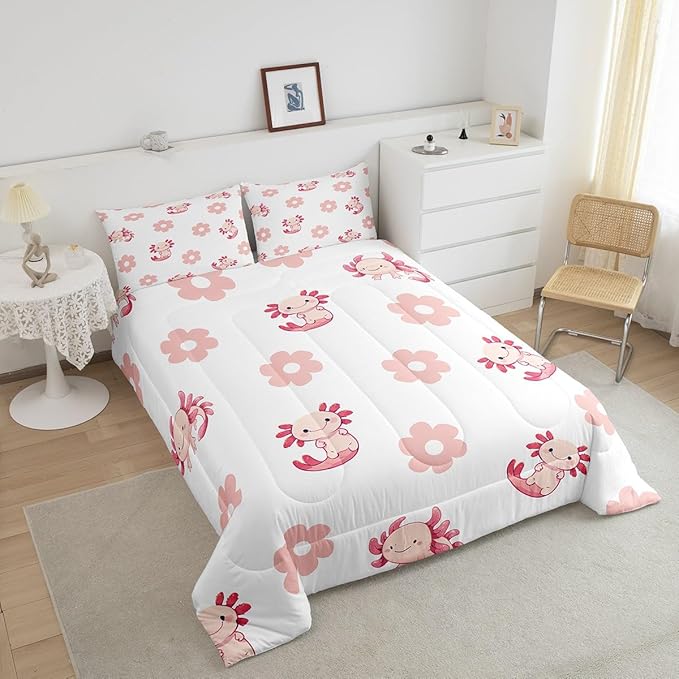 Pink Axolotl Daisy Comforter Set Lovely Cartoon Wild Sealife Decor Bedding Comforter for Kids Girls Teens Watercolor Groovy Hippie Flowers Dreamy Bedroom Quilt Set with 2 Pillowcases Queen Size 3 Pcs