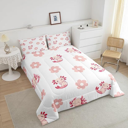 Pink Axolotl Daisy Comforter Set Lovely Cartoon Wild Sealife Decor Bedding Comforter for Kids Girls Teens Watercolor Groovy Hippie Flowers Dreamy Bedroom Quilt Set with 2 Pillowcases Queen Size 3 Pcs