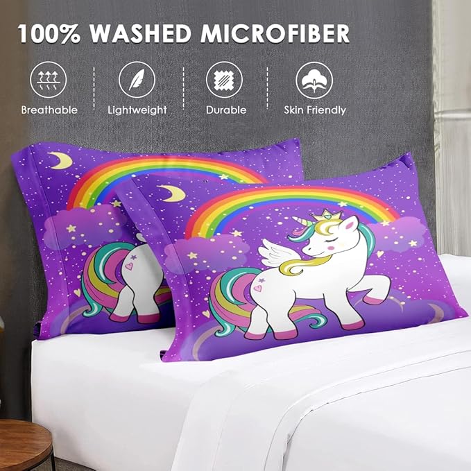 Twin Size Comforter Set with Pillowcase & Sham, Cute Unicorn Purple Space 5 Pcs Bedding for Kids and Teens, Animal Rainbow Horse Bed in a Bag with Flat Fitted Sheet