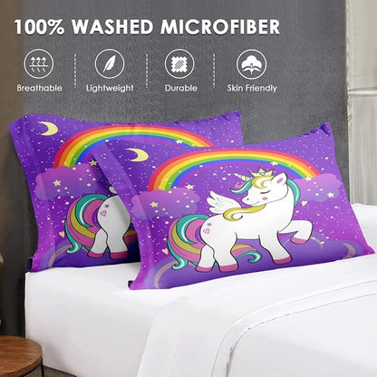 Queen Size Comforter Set with 2 Pillowcases & 2 Shams, Cute Unicorn Purple Space 7 Pcs Bedding for Kids and Teens, Animal Rainbow Horse Bed in a Bag with Flat Fitted Sheet