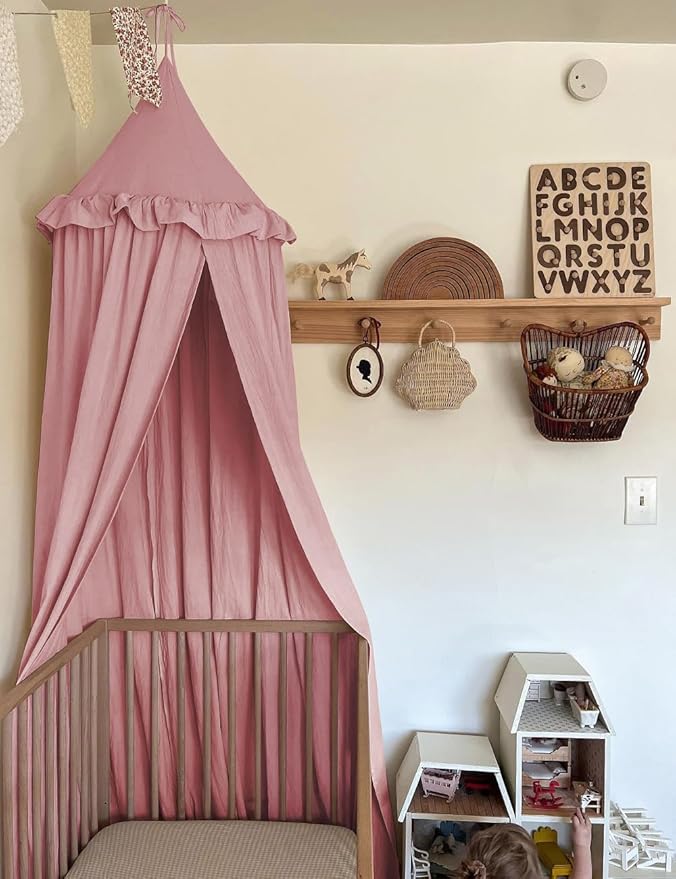 JIKAL Kids Bed Canopy with Ruffles Cotton Hanging Tent Frills Curtain Net for Baby Nursery Room Children Reading Nook Decor