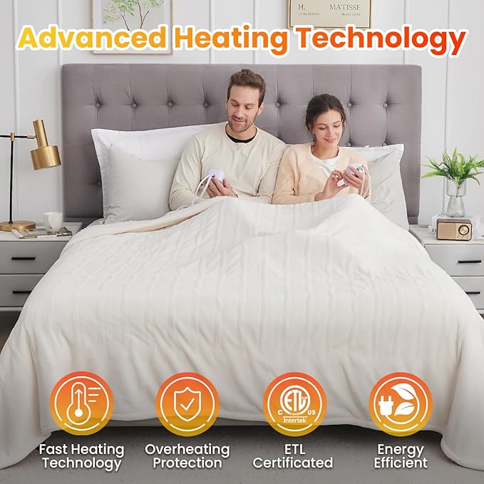 WOOMER Electric Heated Blanket Queen Size, Soft Flannel Fast Heating Blanket, Purple Color, 84"x 90", 10 Heating Levels & 0.5-12H Auto Off, Over-Heat Protection