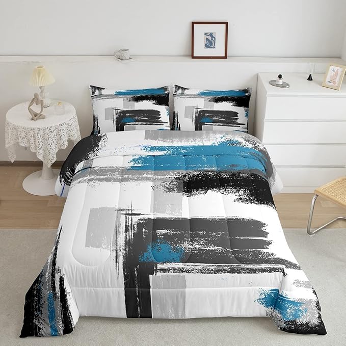 Feelyou Abstract Comforter Modern Abstract Art Comforter Set for Boys Girls Children White Grey Blue Pattern Bedding Set Room Decor Toddler Size Duvet Set 2Pcs