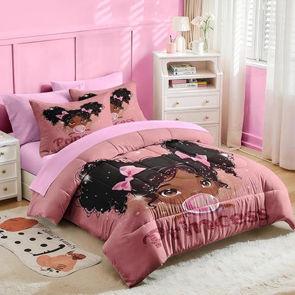 Nesker 7 Pcs Comforter Set Queen Size, African American Princess Bubbles Bedding for Kids Teen, Pink Black Girl with Fitted Sheet 2 Pillowcases & 2 Shams for Bedroom Bed Decor
