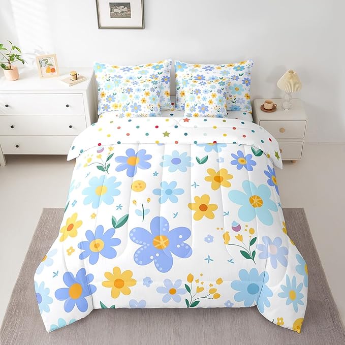 Feelyou Cute Flower 7 Piece Bedding Set Twin Size Kids Cartoon Cute Floral Bed in a Bag for Girls Teens Blue Yellow Comforter Set with Sheets Kawaii Bed Set