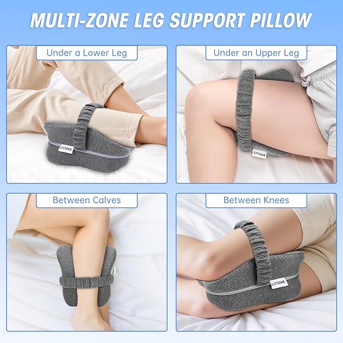 Knee Pillow for Side Sleepers & Sciatica Pain Relief, Memory Foam Leg Pillow for Side Sleeping with Detachable and Adjustable Strap, Two Covers, Blue& Grey, Gifts for Men and Women, One Pillow Only