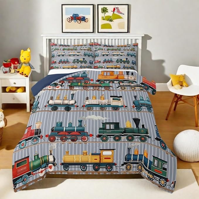Erosebridal Kids Train Comforter Set - King Size for Boys & Girls - Colorful Steam Engine Bedding Sets - Cartoon Train Transportation Comforter with 2 Pillow Cases, Gray, Green, Blue, Yellow, White