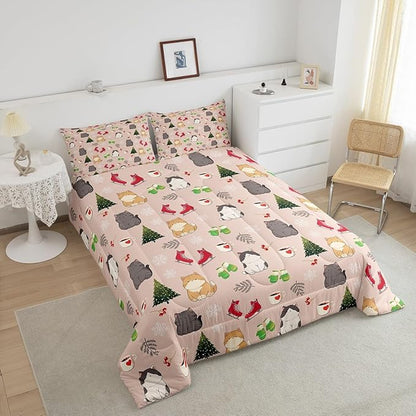 Erosebridal Christmas Cat Comforter Set for Kids Boys Girls,Merry Christmas Toddler Bedding Set,Winter Snowflake Down Comforter,Xmas Tree Holiday Reversible Bed Set with 1 Pillowcase for Bedroom