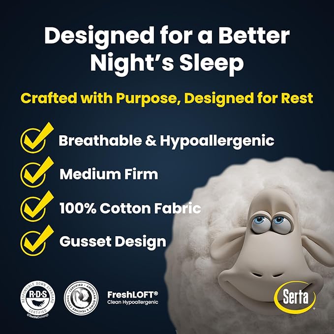 Serta Hotel Collection Pillows King Size Set of 2 White Goose Feather Down Fiber Gusseted 100% Cotton Pillow for Back, Stomach or Side Sleepers