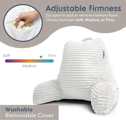 Nestl Reading Pillow with Shredded Memory Foam, Luxe Cut Plush Back Pillow for Sitting Up in Bed, Back and Arms Adjustable Support for Adult & Teens, Backrest Pillows with Washable Cover White
