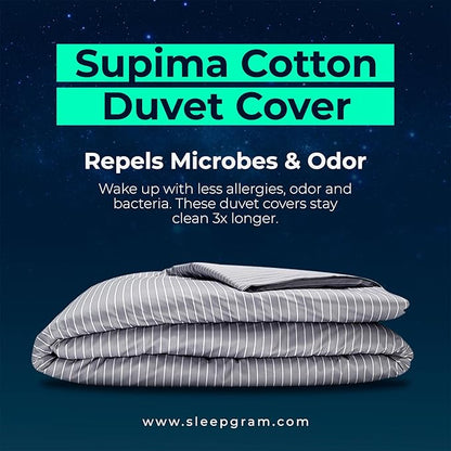 Sleepgram Supima Machine Washable 400 Thread Count Cotton Silver Ion Infused Luxury Zippered Duvet Cover with Travel Bag, King, Grey Stripe