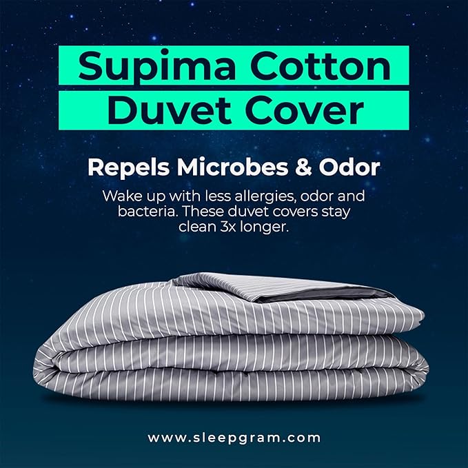Sleepgram Supima Machine Washable 400 Thread Count Cotton Silver Ion Infused Luxury Zippered Duvet Cover with Travel Bag, Twin, Grey Stripe