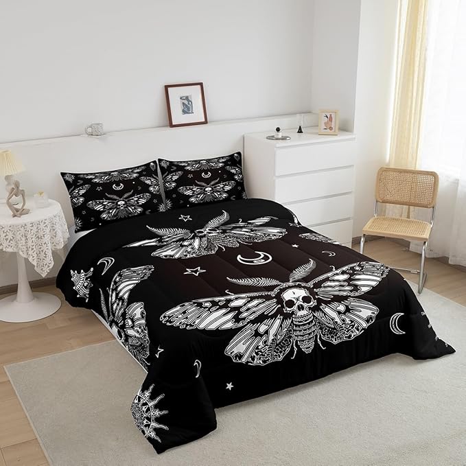 Feelyou Boys Boho Moth Comforter Set Toddler Size Men Gothic Skull Bedding Set for Girls Women Bedroom Decor Bohemian Moon Star Comforter Moth Skull Skeleton Bones Duvet Set Teens Quilt Set